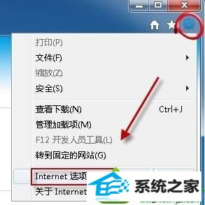 选择“internet 选项” win10系统使用iE9打开网页只显示白屏的解决方法